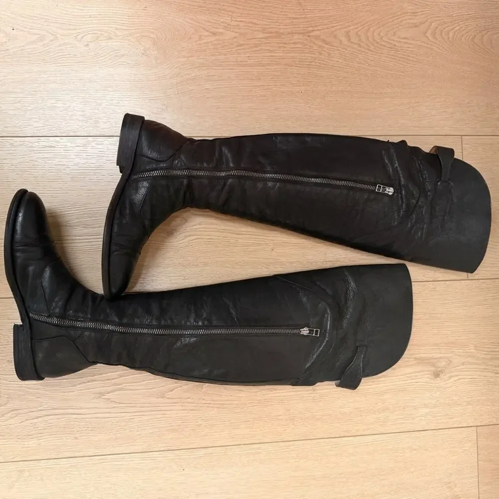 All Saints women’s Black Leather Over-the-Knee buckle zip up Riding Boots  37